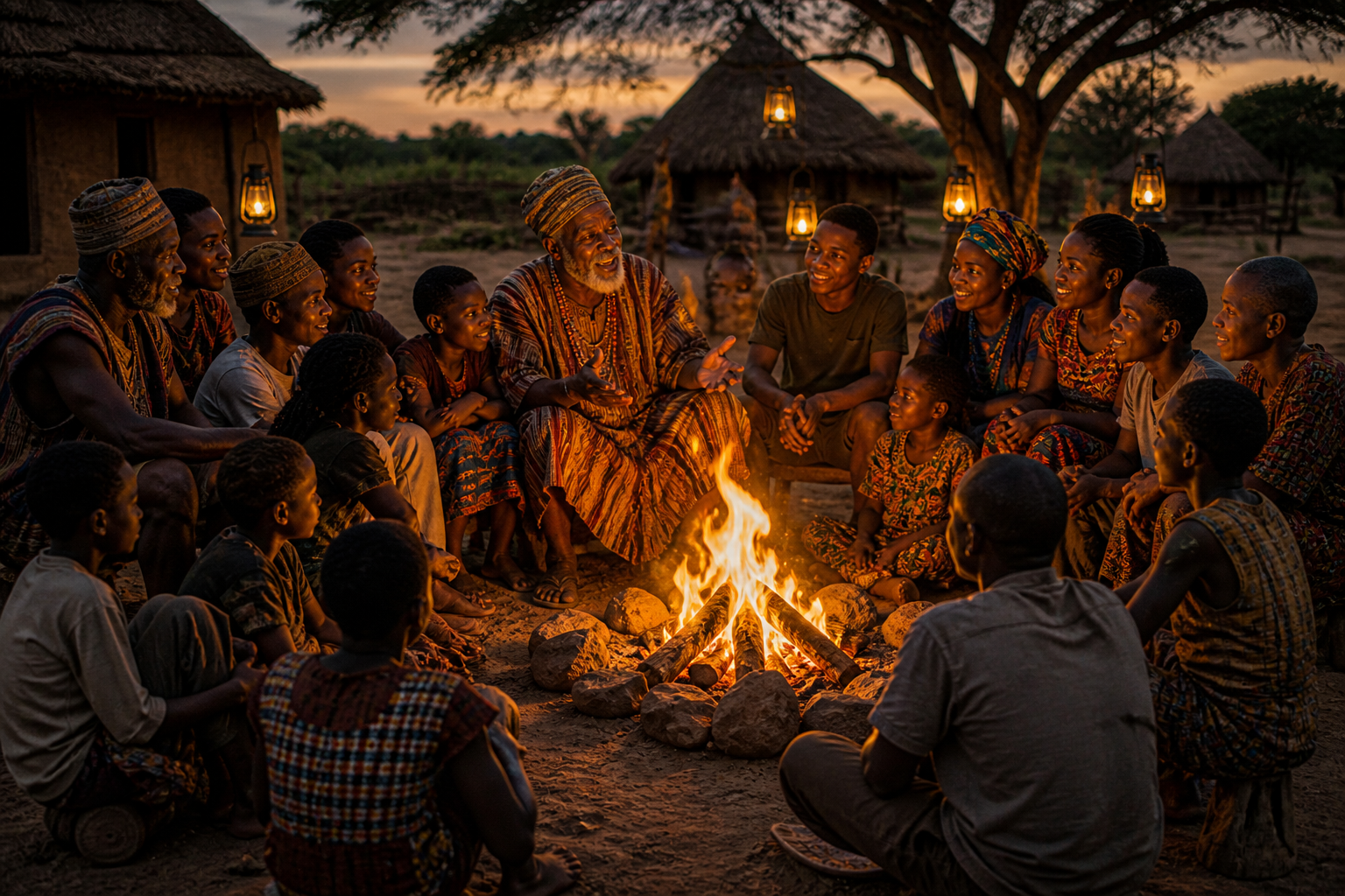African storytelling around fire with elders and youth