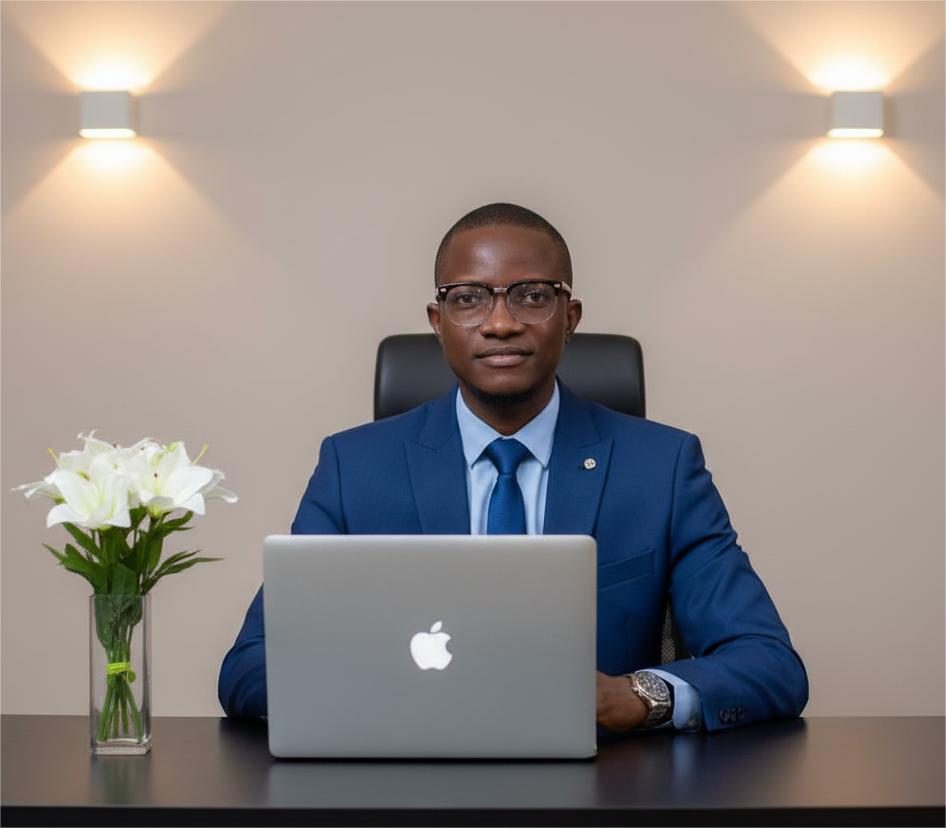 Alimu Mansaray in professional attire working behind a laptop.